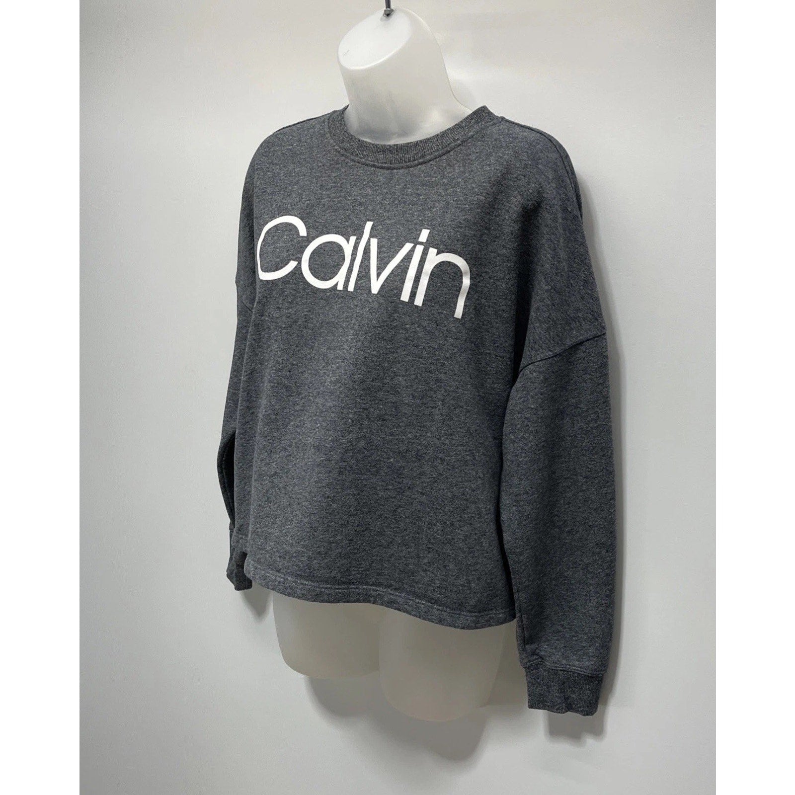 Calvin Klein Cropped Sweatshirt Womens M Gray Fleece Lined Oversized Pullover