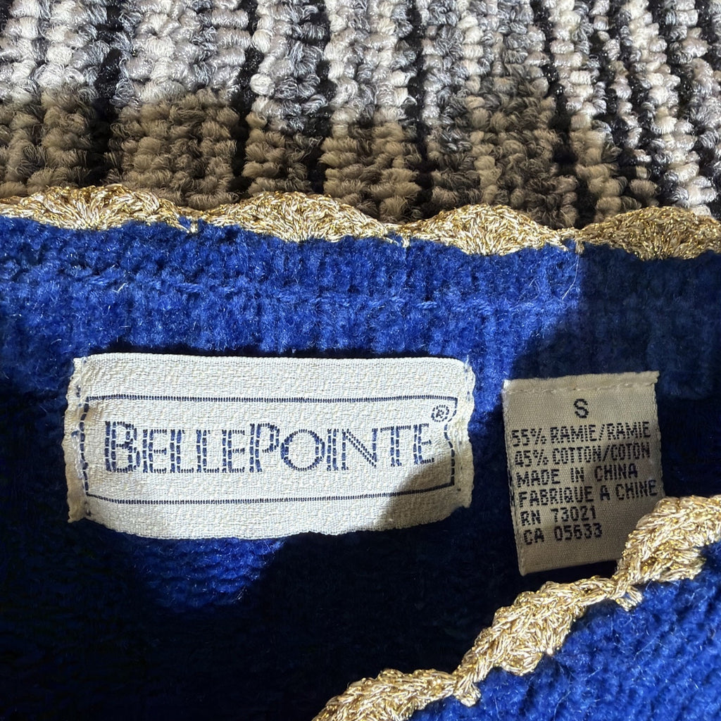 Vtg BELLEPOINTE Nativity Christmas Wisemen Cardigan S Royal Blue Sweater Angel