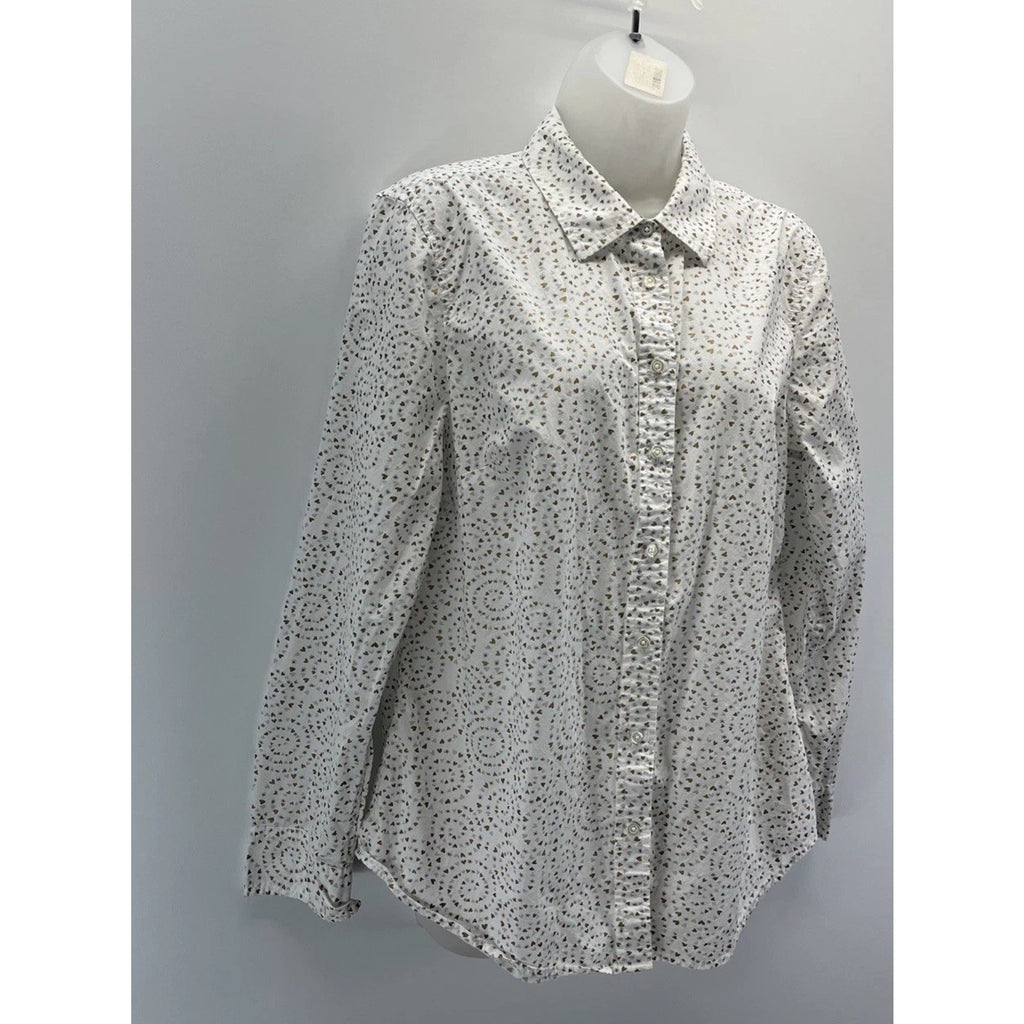 Talbots White W Hearts Lightweight Long Sleeve Button Up Blouse Size Medium
