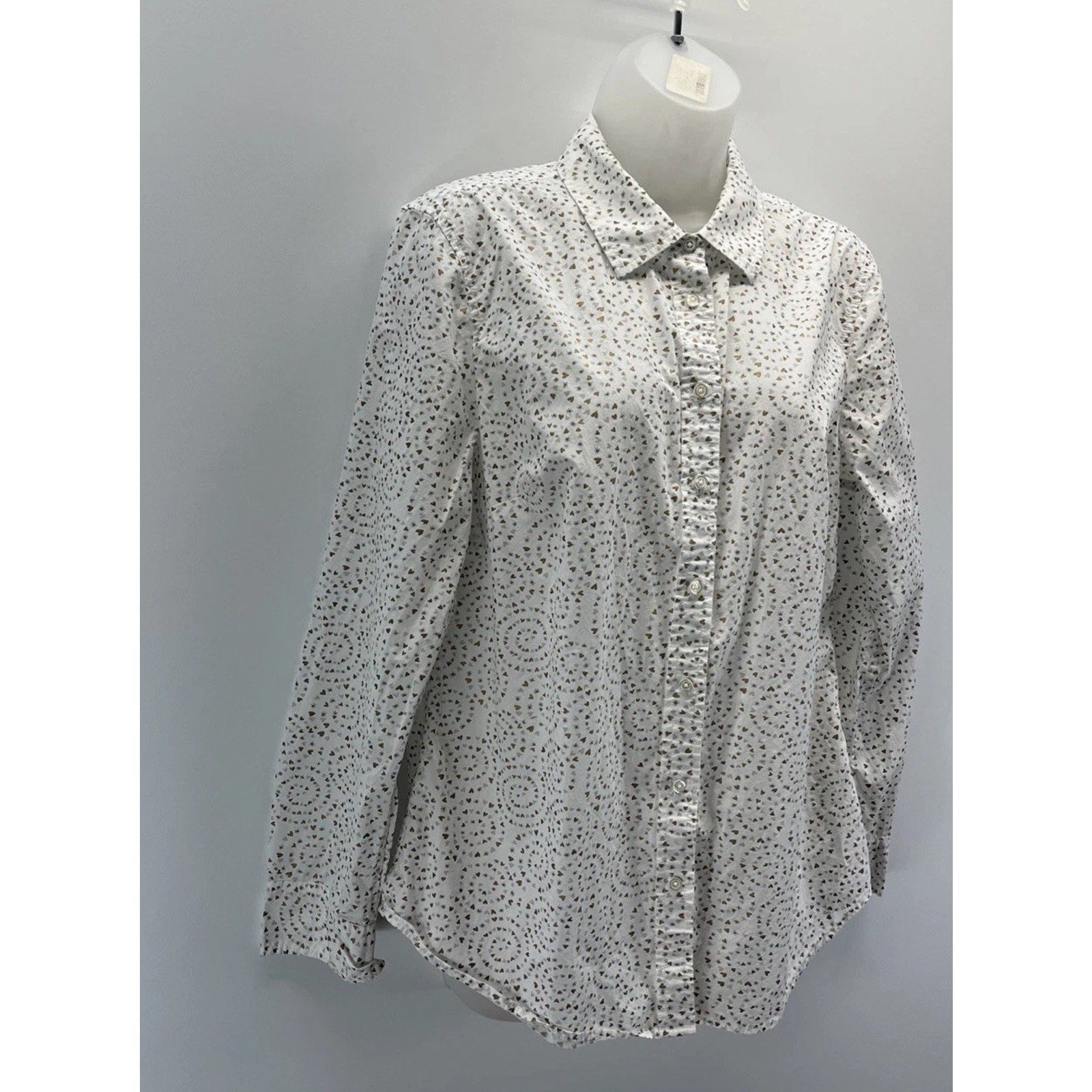 Talbots White W Hearts Lightweight Long Sleeve Button Up Blouse Size Medium