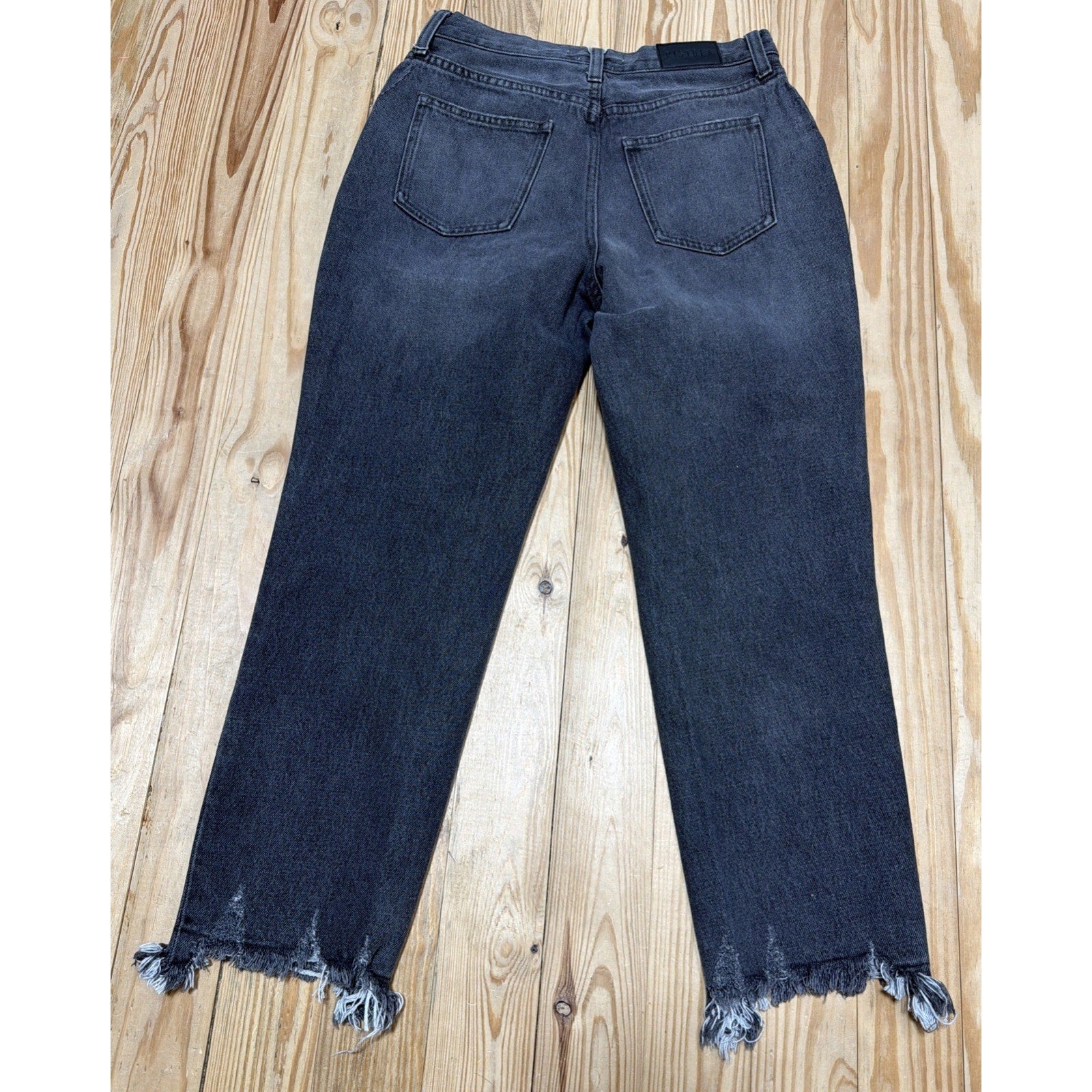 Pistola Distressed Destroyed High Rise Button Fly Mom Jeans in Gray 27