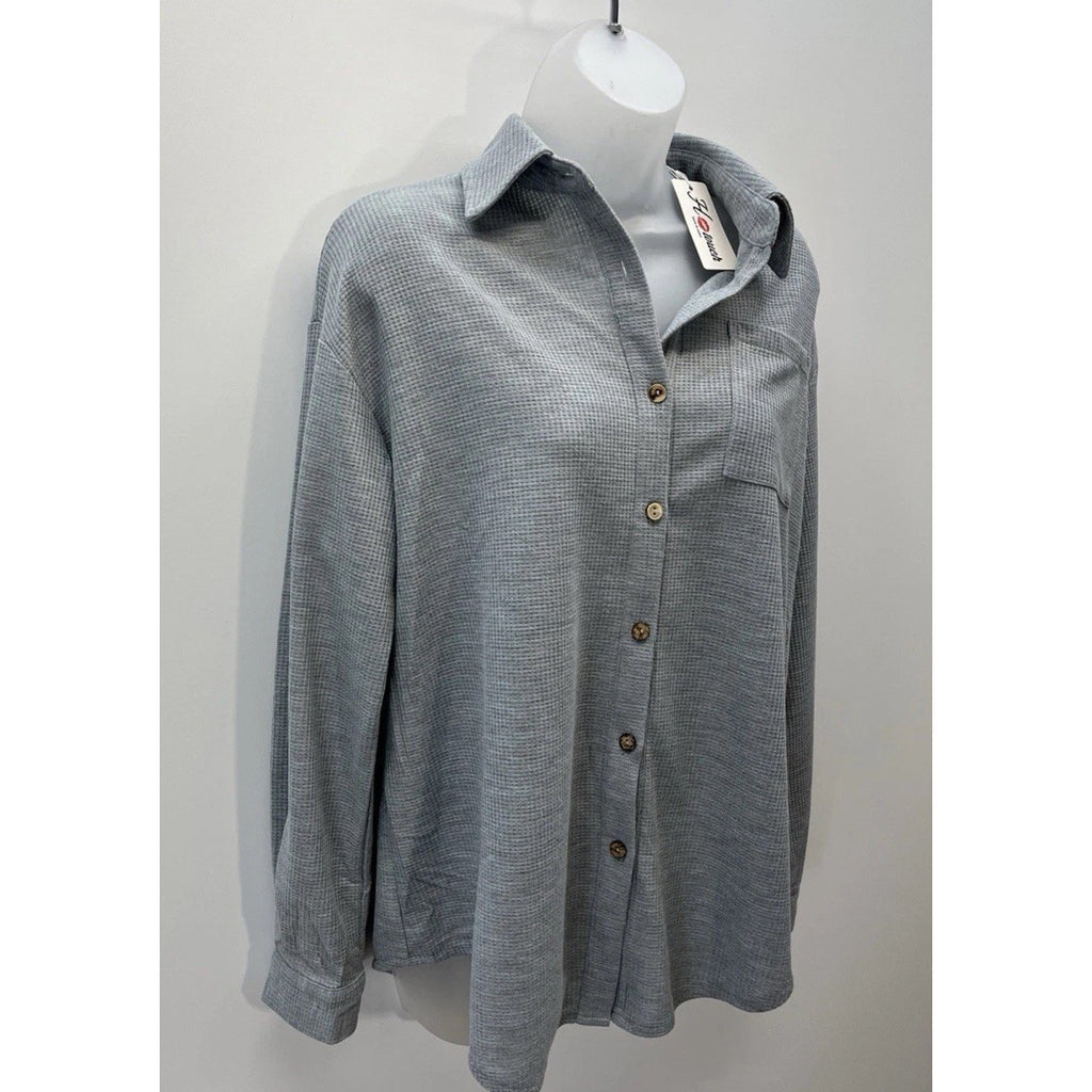Hotouch Women's Size S Oversized Gray Long Sleeve Button Front Waffle Knit Shirt