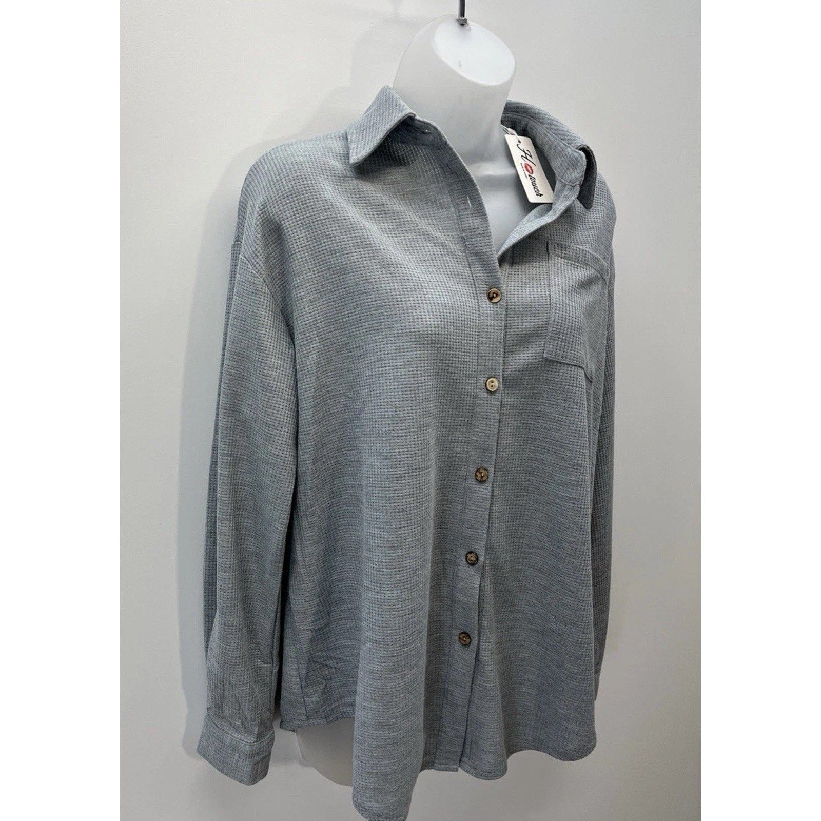 Hotouch Women's Size S Oversized Gray Long Sleeve Button Front Waffle Knit Shirt