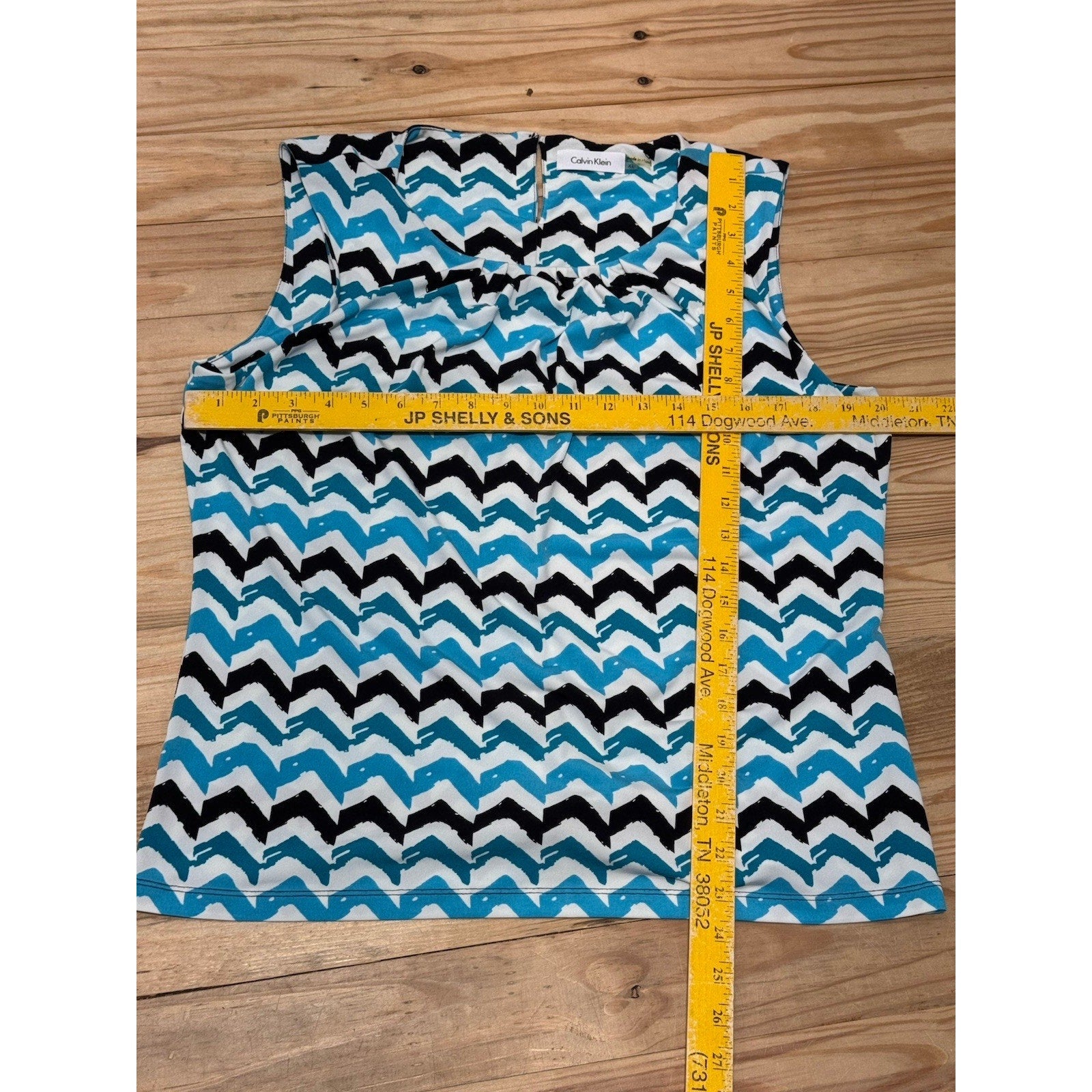 Calvin Klein Sleeveless Zig Zag Print Top Pleated Blue Black Women’s Size XL