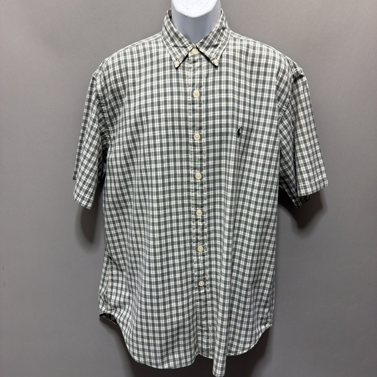 Ralph Lauren Sport Shirt Mens Large Green Plaid Button Down Short Sleeve Vintage