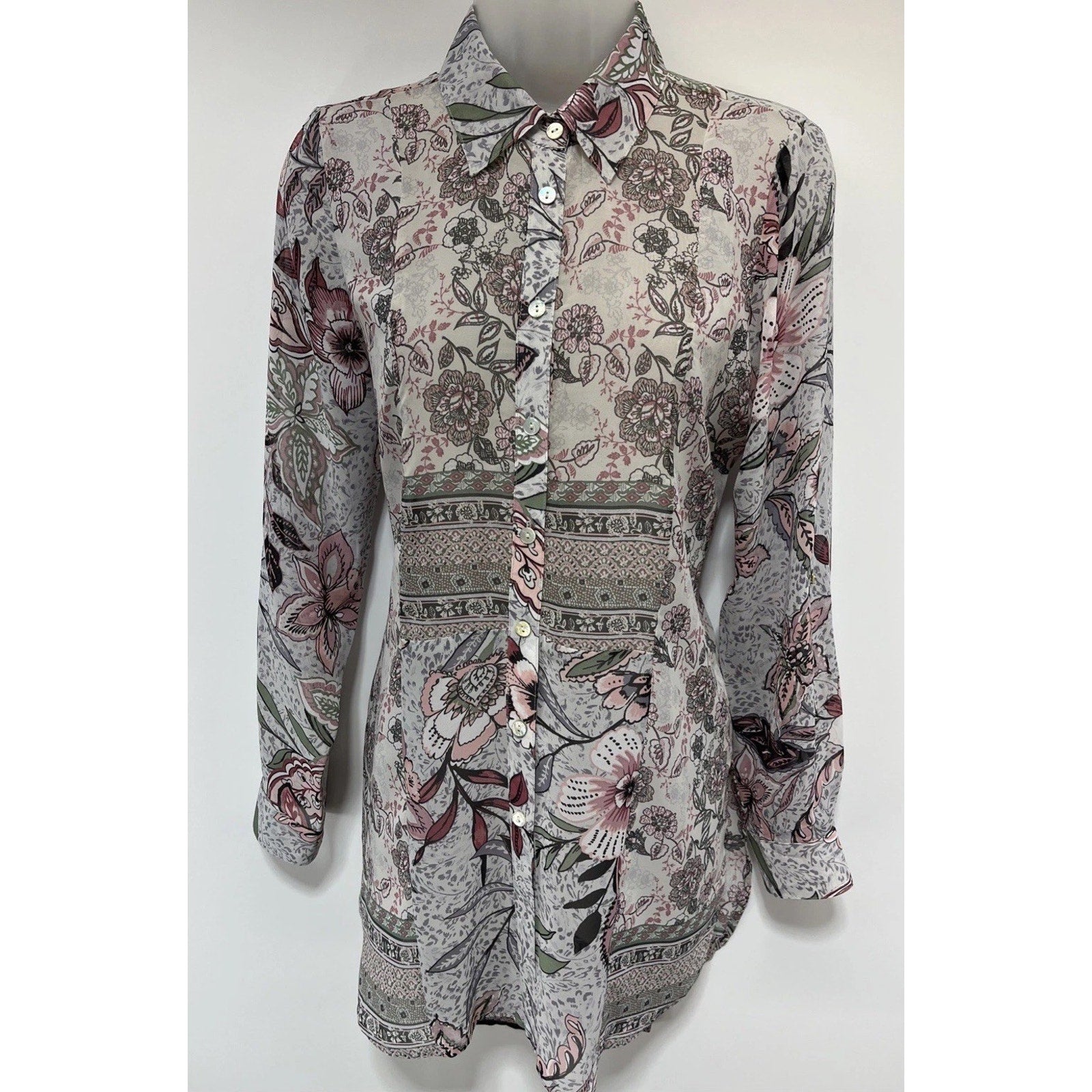 Hope Springs Top Womens Small Multicolor Boho Long Sleeve Semi Sheer Button Up