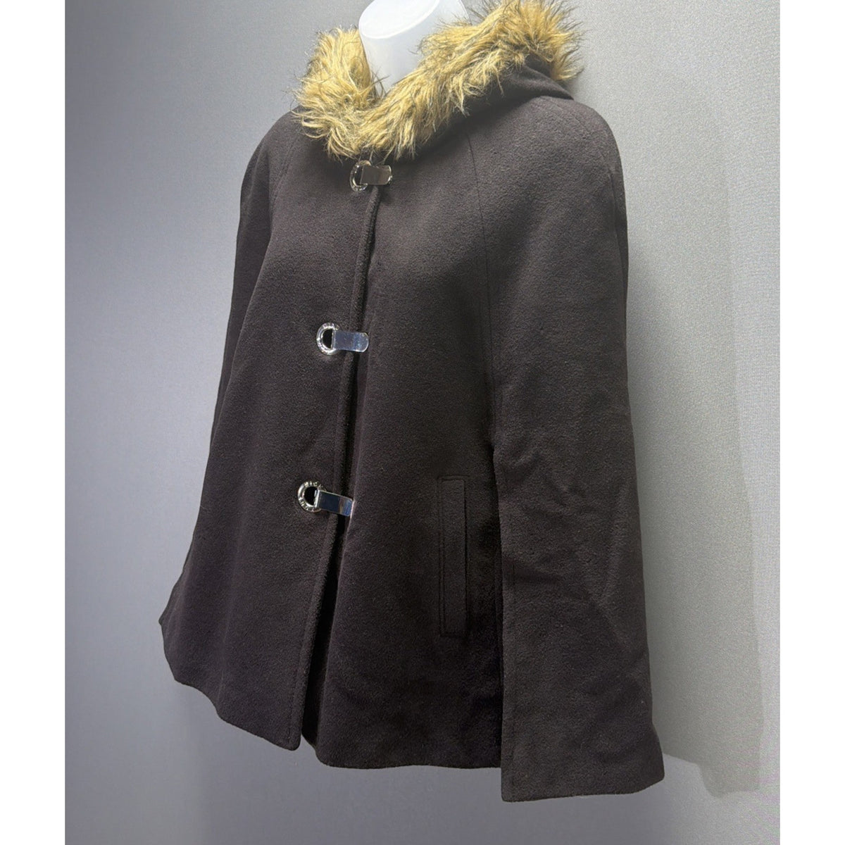 $250 Michael Kors Wool Cape Coat with Faux Fur Trim Hood Sz Large