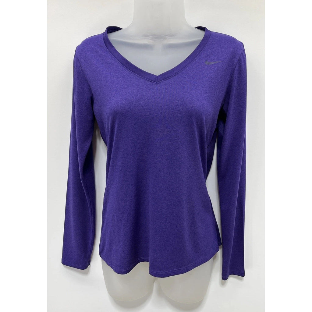 Nike Tee Dri Fit Long Sleeve Women's Small Purple V-Neck T-Shirt Athletic Cut