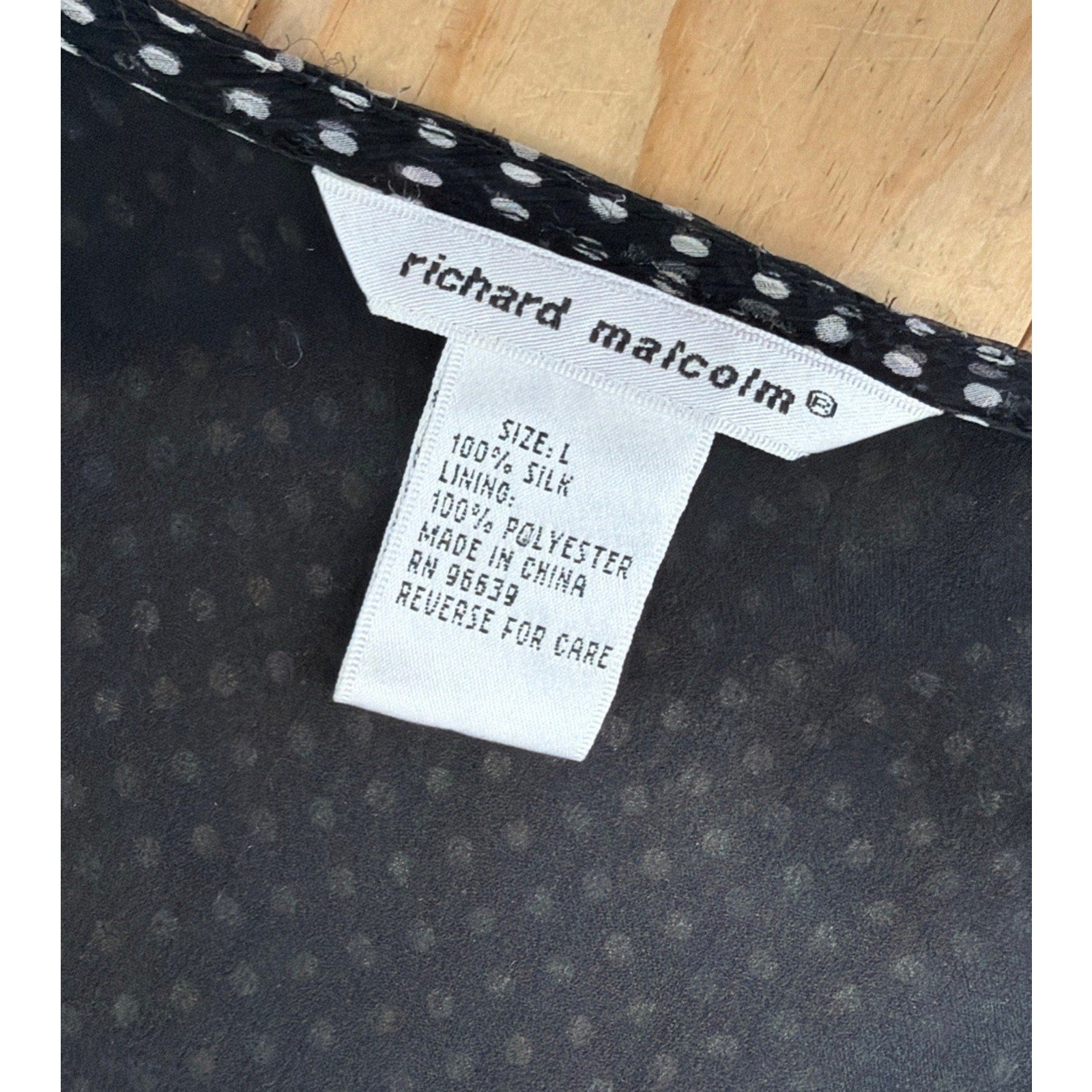 Richard Malcolm Silk Blouse Black White Dotted Lined Blouse Top Size Large