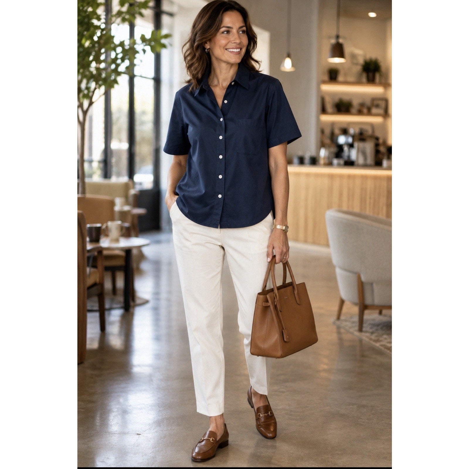 BFC Women’s Medium Navy Blue Short Sleeve Button Up Shirt 100% Cotton Pocket