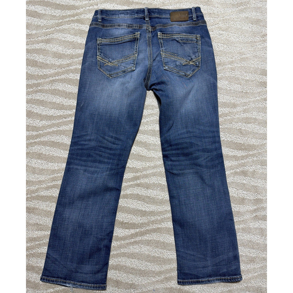BKE Derek 33R Bootleg Denim Jeans Med Wash Thick Stitch Workwear Stained 33x31