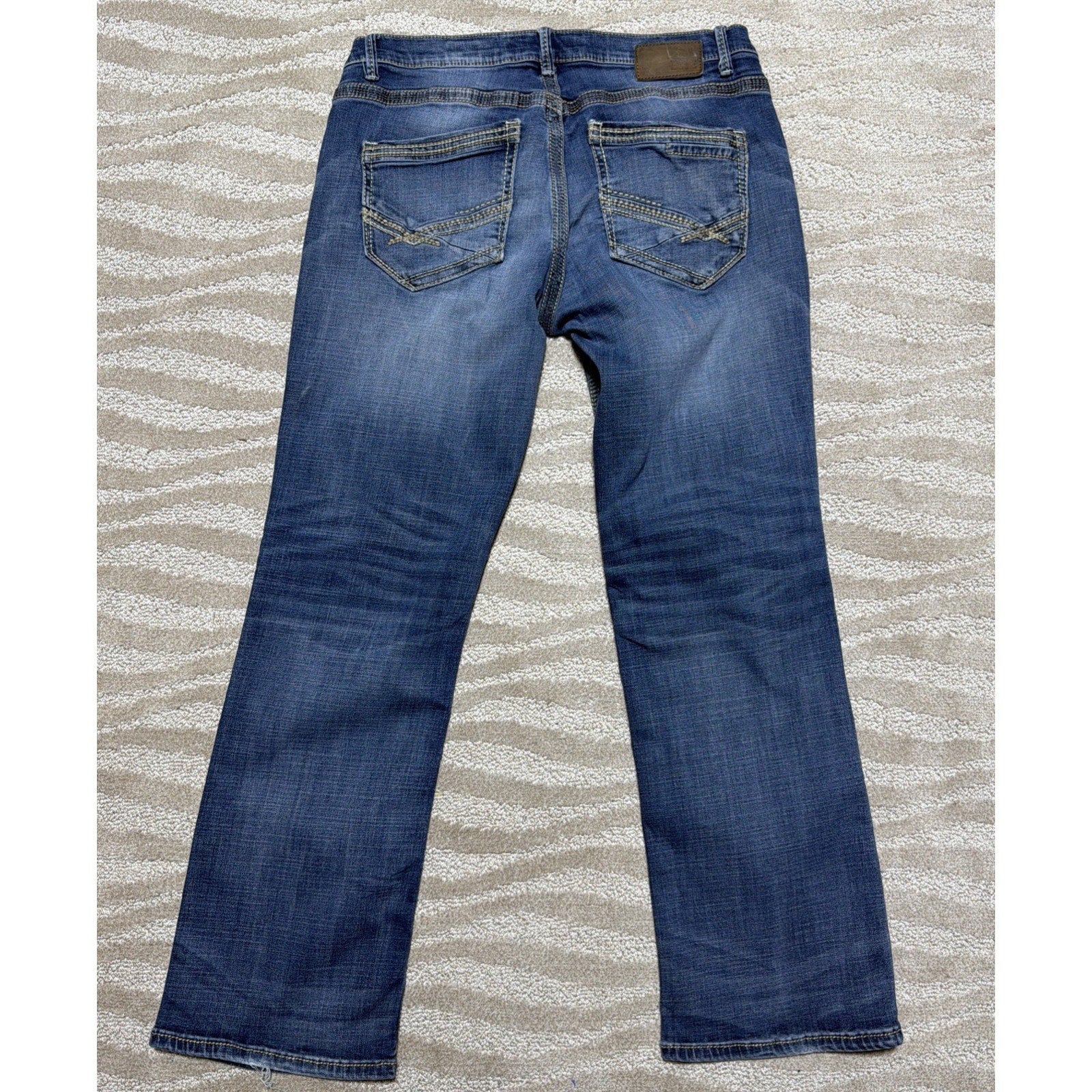 BKE Derek 33R Bootleg Denim Jeans Med Wash Thick Stitch Workwear Stained 33x31