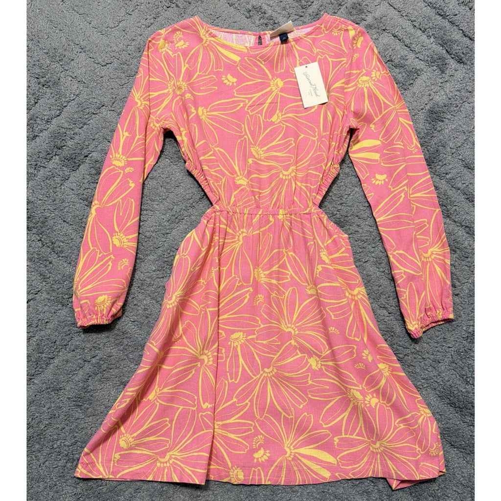 Universal Thread Pink Floral Linen Long Sleeve Cutout Fit Flare Dress M NWT Pock