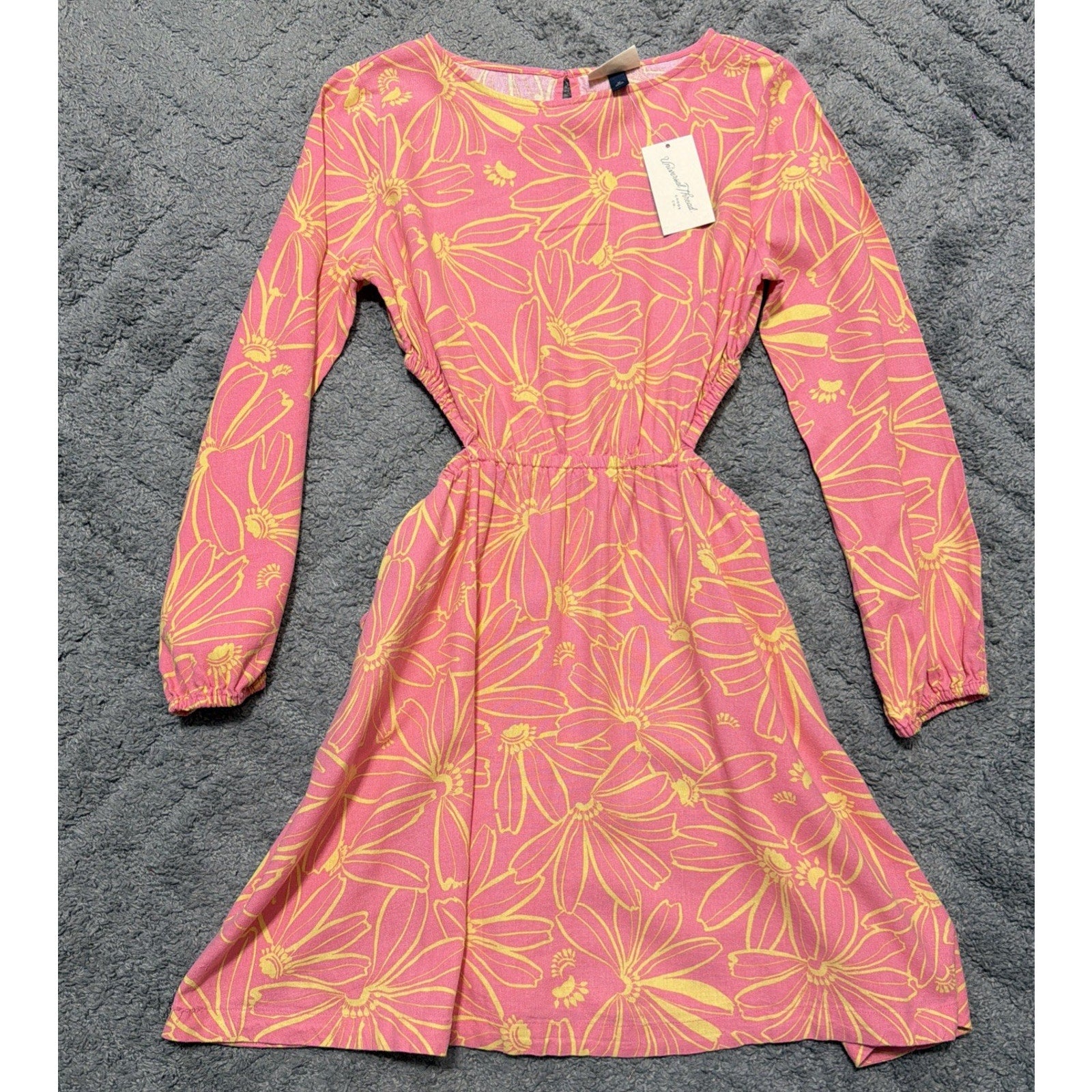 Universal Thread Pink Floral Linen Long Sleeve Cutout Fit Flare Dress M NWT Pock