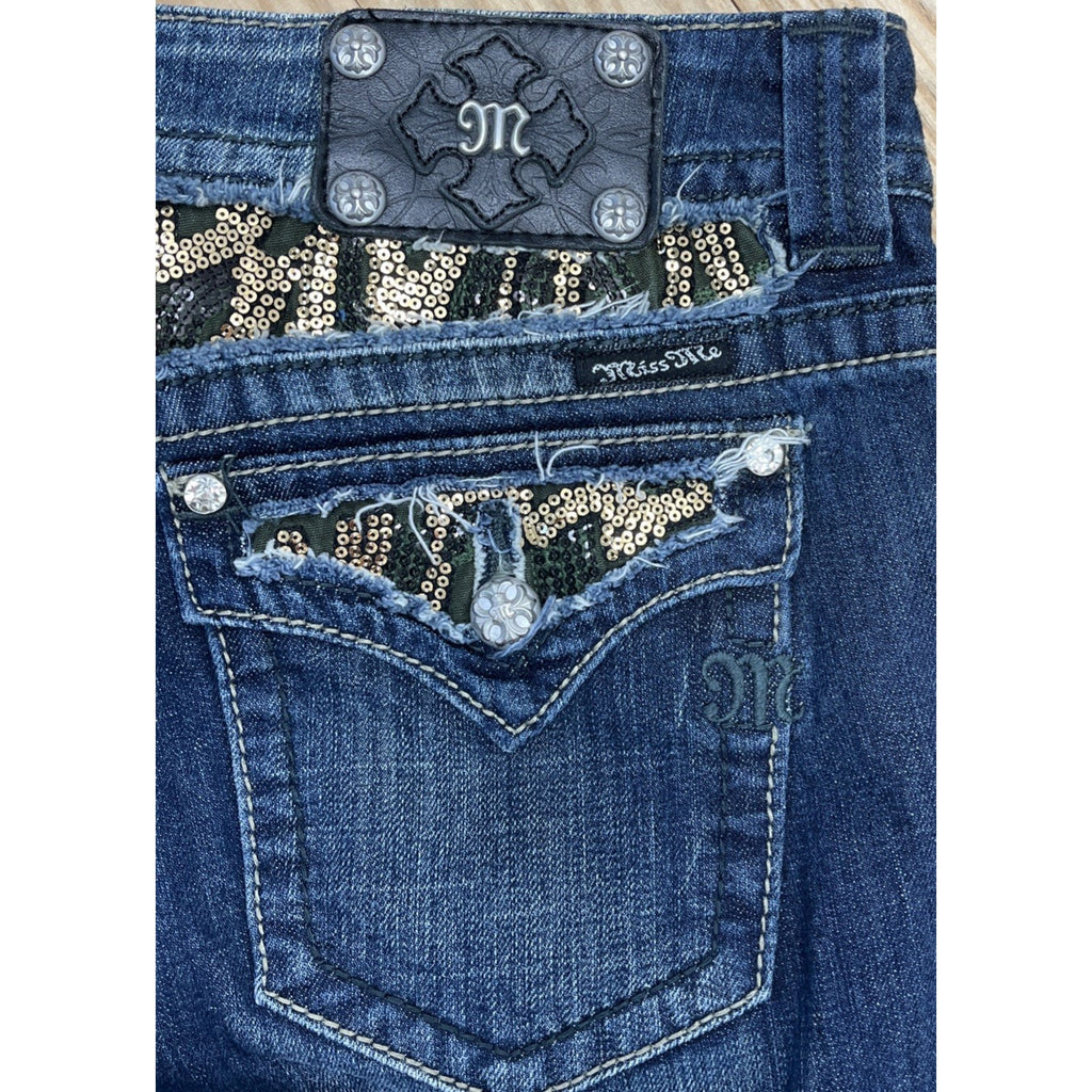 Miss Me Jeans Women Size 30 Mid Rise Boot Cut Thick Stitch Jeweled Distressed