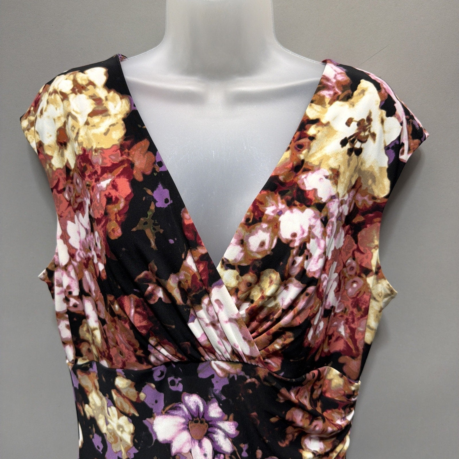 Lauren Ralph Lauren Dress Women 14 Floral Faux Wrap Ruched Sheath Cap Sleeve