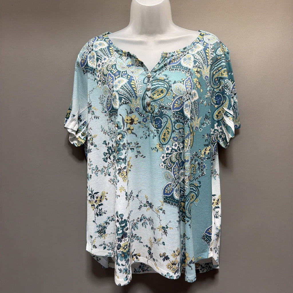 Croft &Barrow Multi Green Paisley 1/4 Button Knit V-Neck Top Tunic Plus Size 2X