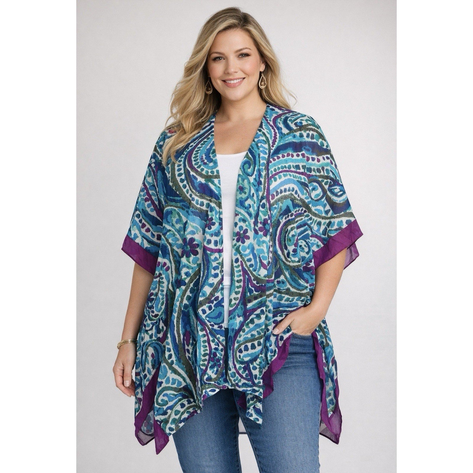 Catherines One Size Kimono Cover Up Blue Purple Paisley Sheer Open Front NWT