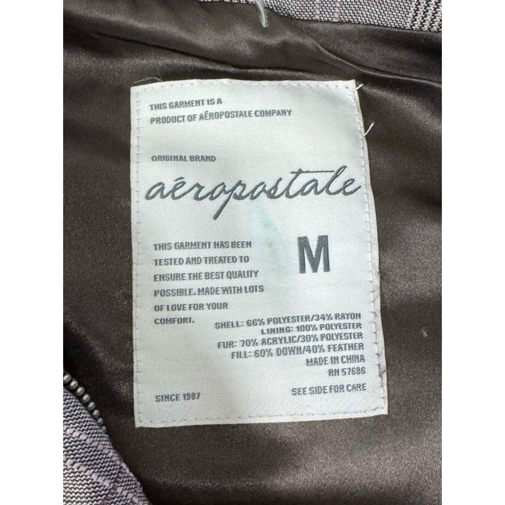 Aeropostale Plaid Down Puffer Vest Jacket Faux Fur Trim Hood Size Women’s Medium