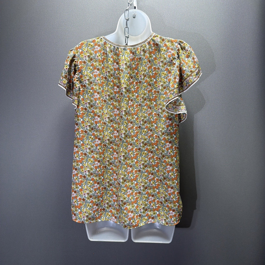 Max Studio Top Womens L Floral Boho Chic Ruffle Tie Neck Casual Career Shirt