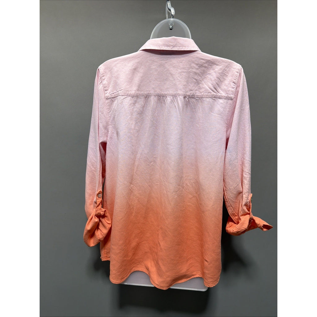 J Jill Womens Small Linen Blend Pink Orange Ombre Shirt Long Sleeve Top
