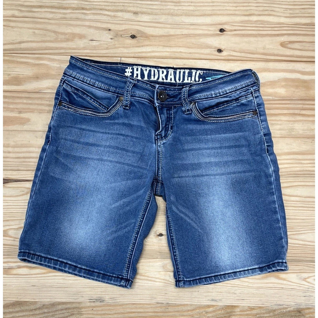 Hydraulic Womens 7/8 Bermuda Lola Denim Shorts Embroidered Flap Pockets