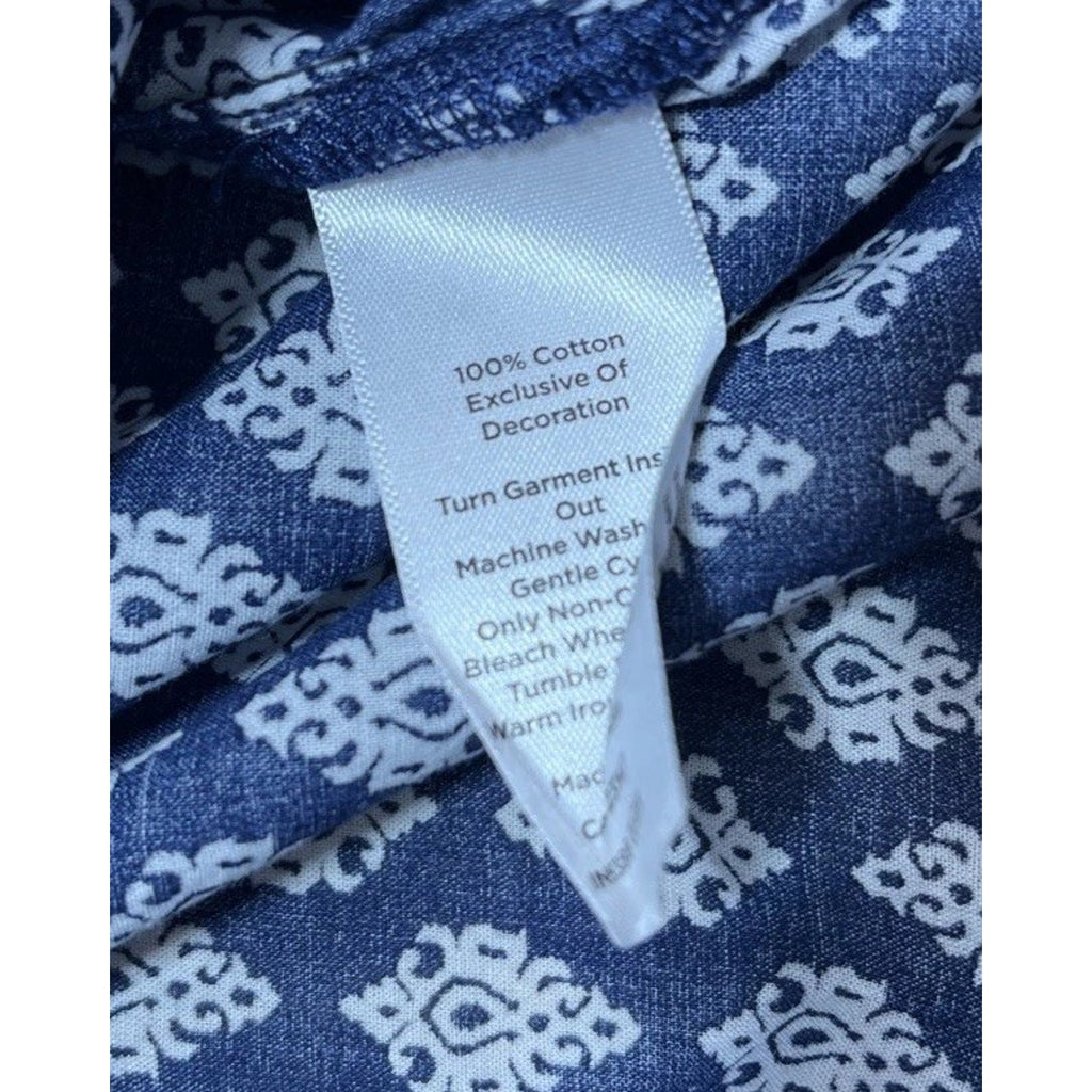 Talbots Top Womens M Blue Embroidered 3/4 Sleeves Relaxed Fit Cotton Boho Shirt