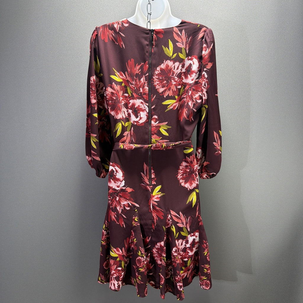 White House Black Market V-Neck Godet Dress, Burgundy Floral Size 8 NWT