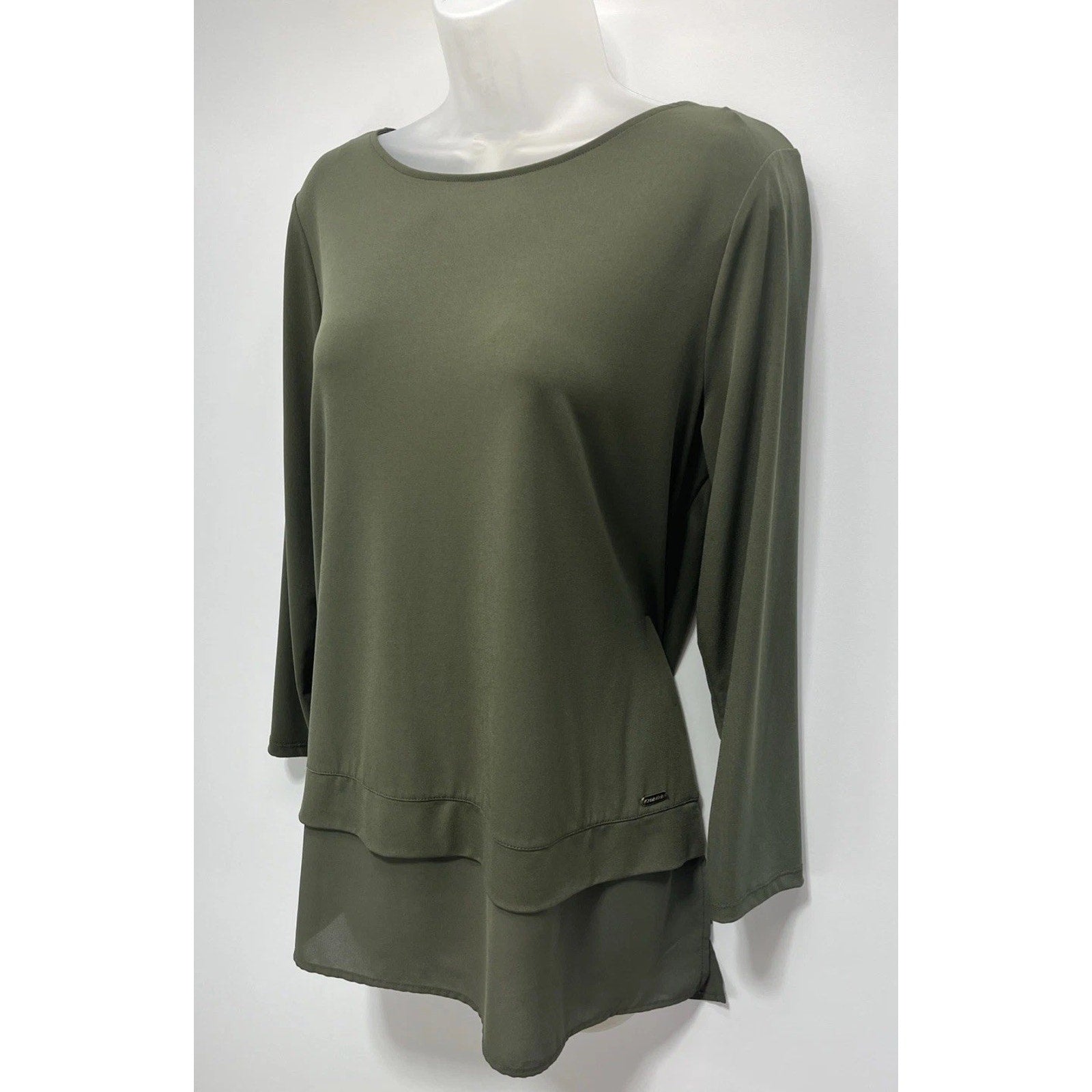 Calvin Klein Solid Army Green 3/4 Sleeve Blouse Womens Size M Polyester Blend