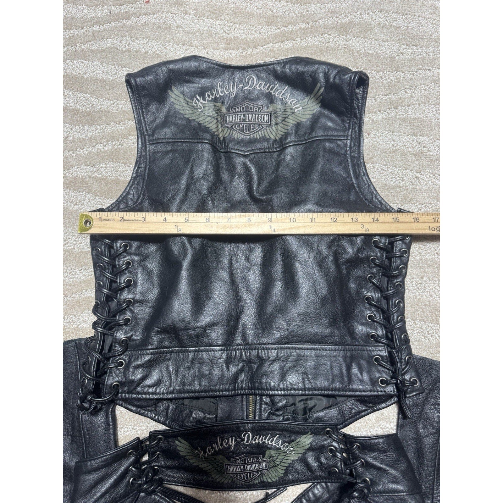 Harley-Davidson Leather Vest & Chaps Matching Set Green Wing Logo Black