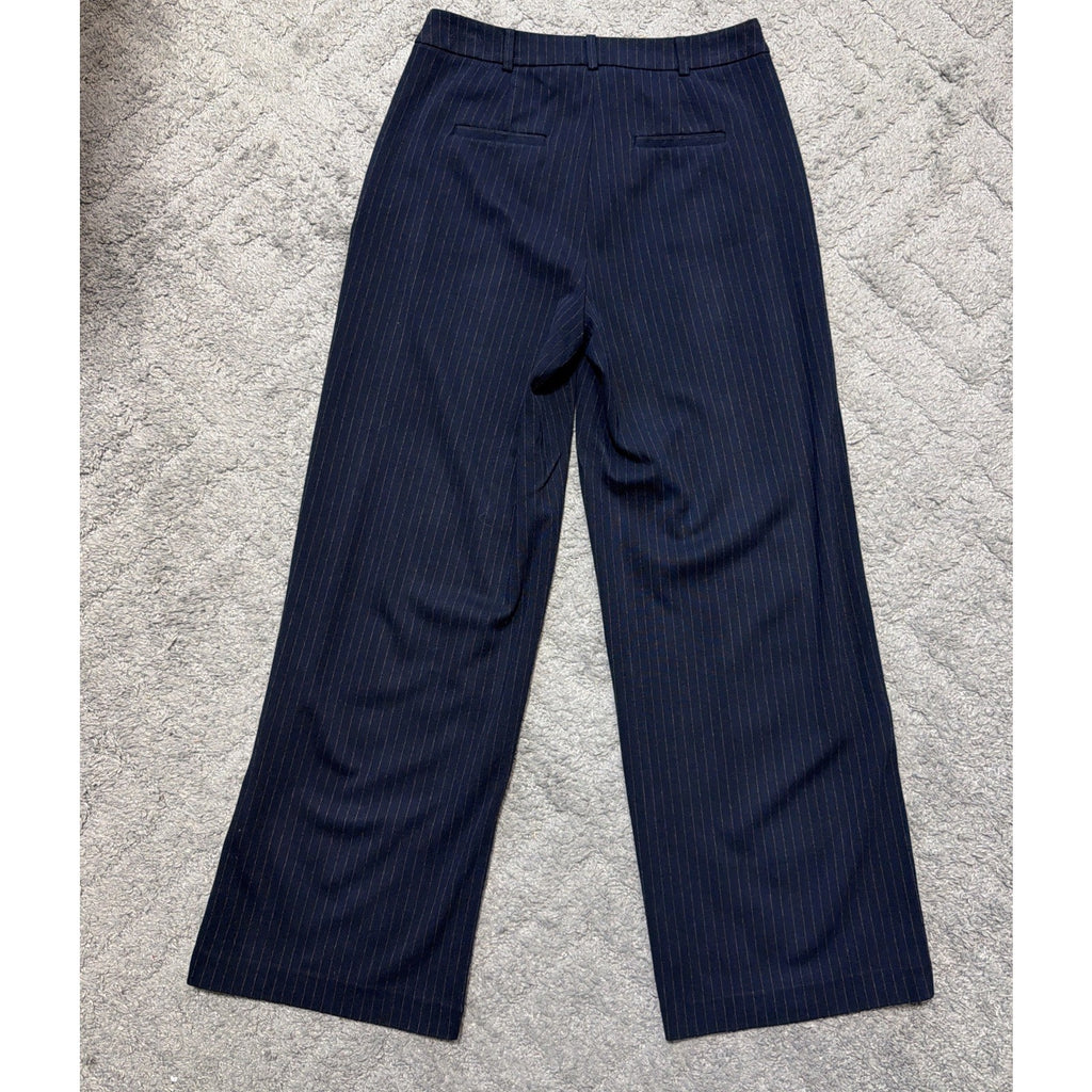 Kenneth Cole High Rise Zip Front Pin Stripe Wide Leg Women's 8 Pants Navy Blue