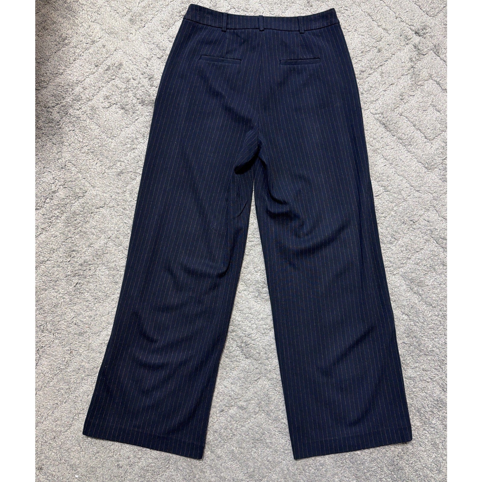Kenneth Cole High Rise Zip Front Pin Stripe Wide Leg Women's 8 Pants Navy Blue
