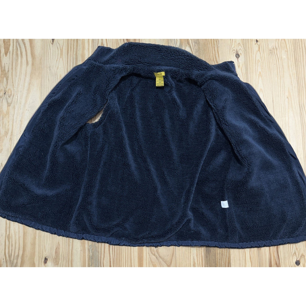 DAISY WOMENS BLUE PUFFER QUILTED VEST JACKET GOLD ZIP ACCENTS FAUX FUR FLEECE L