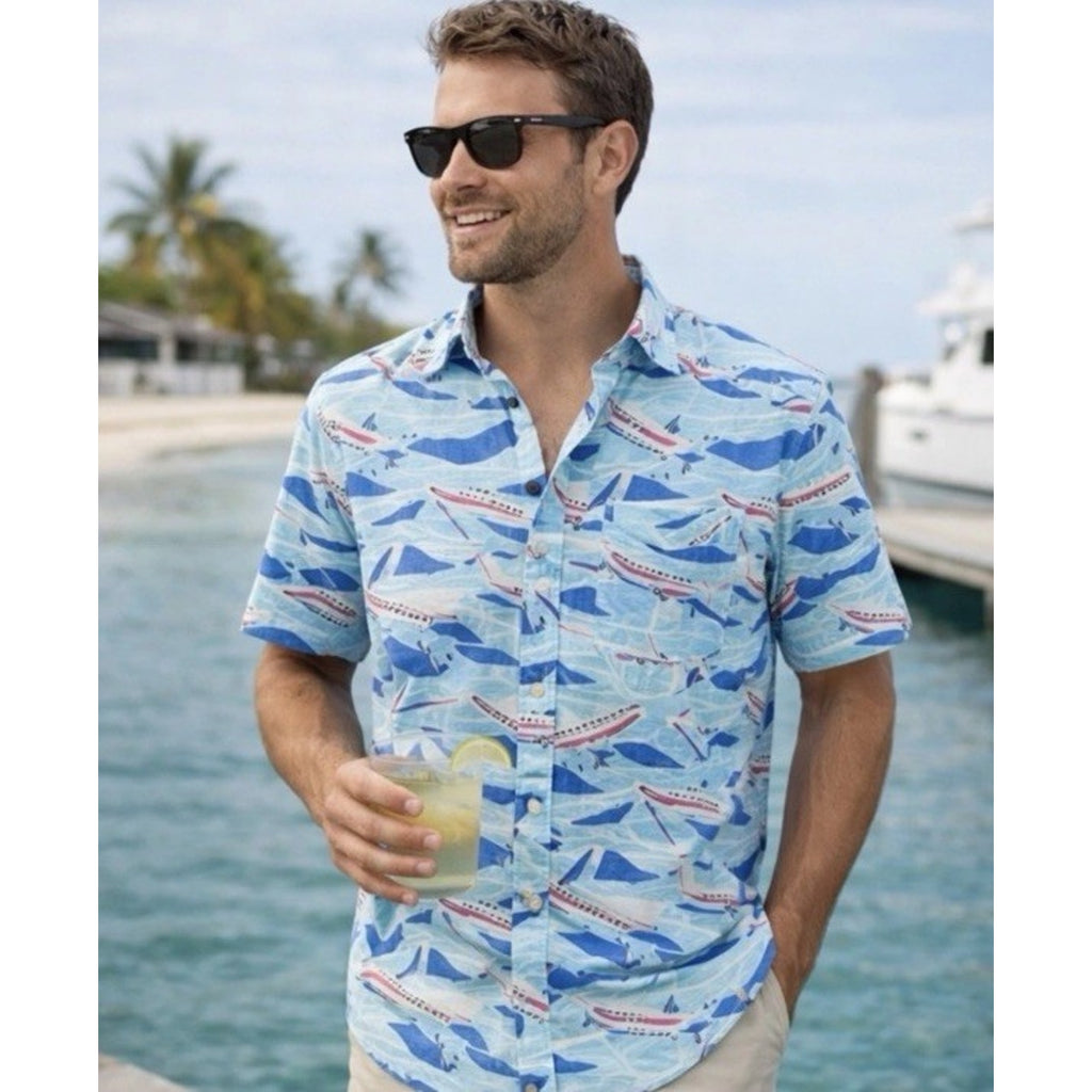 Vineyard Vines Jet Set Airplane Print Button Down Shirt Men’s Small Blue NWT