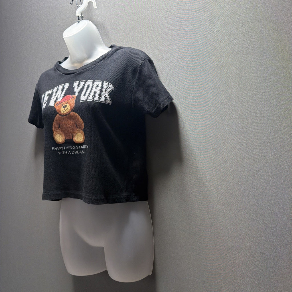 On Fire Women’s Dream New York Bear Graphic Crop Ribbed Tee – Size L Cotton