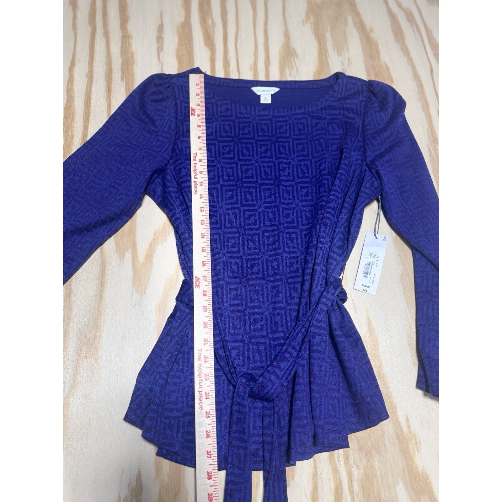 Liz Claiborne Purple Blue Long Sleeve Waist Tie Stretch Top New Women’s Size XL