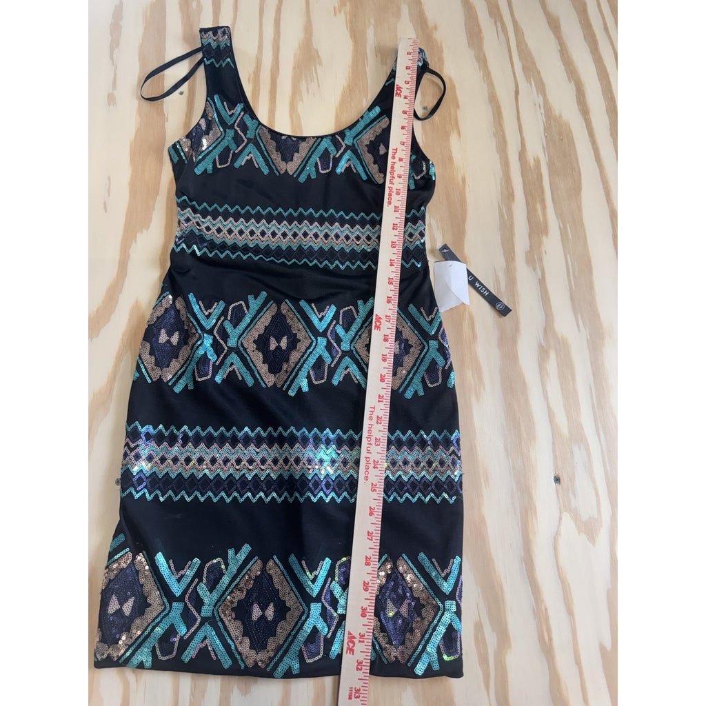 AS U WISH Sequin Bodycon Mini Dress Womens Small Black Teal Aztec Party Cocktail