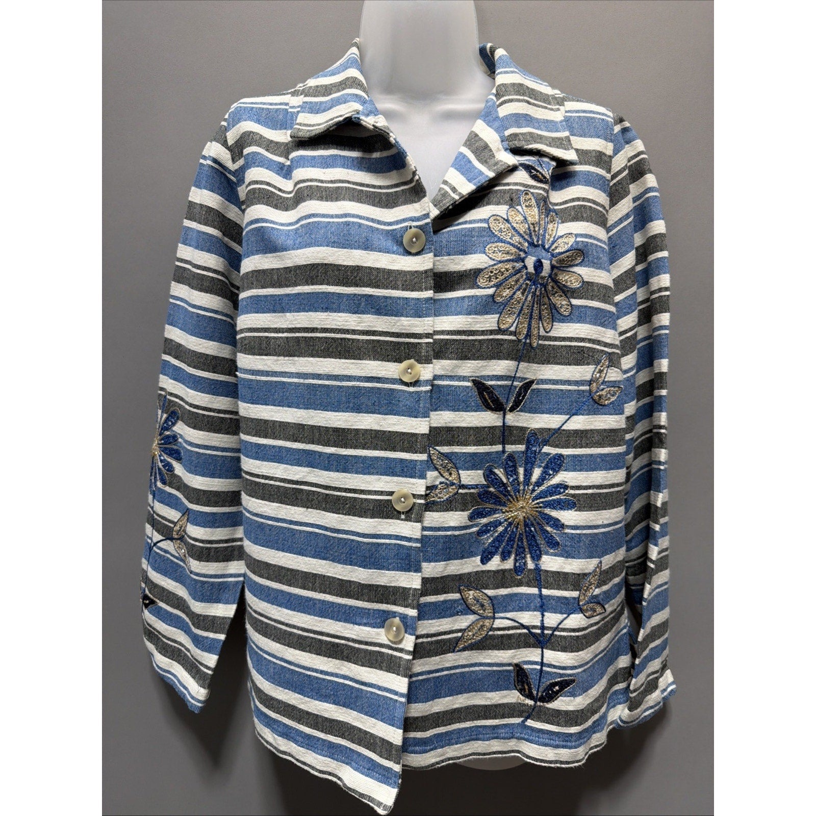 JM Collection Women’s Floral Embroidered Embellished Cotton Shacket Petite M