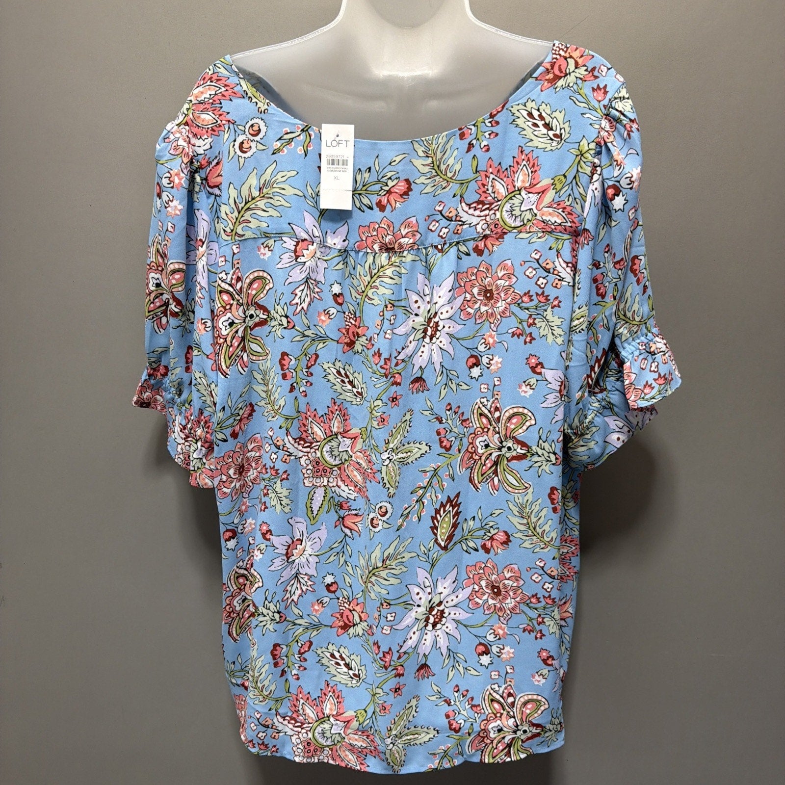 Loft Short Sleeve Light Blue Floral V-Neck Boho Blouse Size XL New With tags
