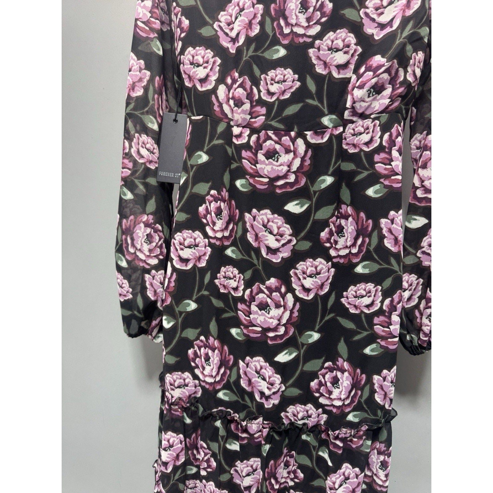 NWT Forever 21 Floral Maxi Dress Womens Small Black Pink Long Sleeve Cottagecore