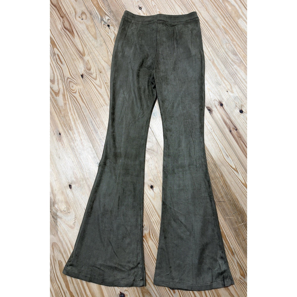 UMGEE Faux Suede Velvet green High Rise Flare pants with pockets Size Small