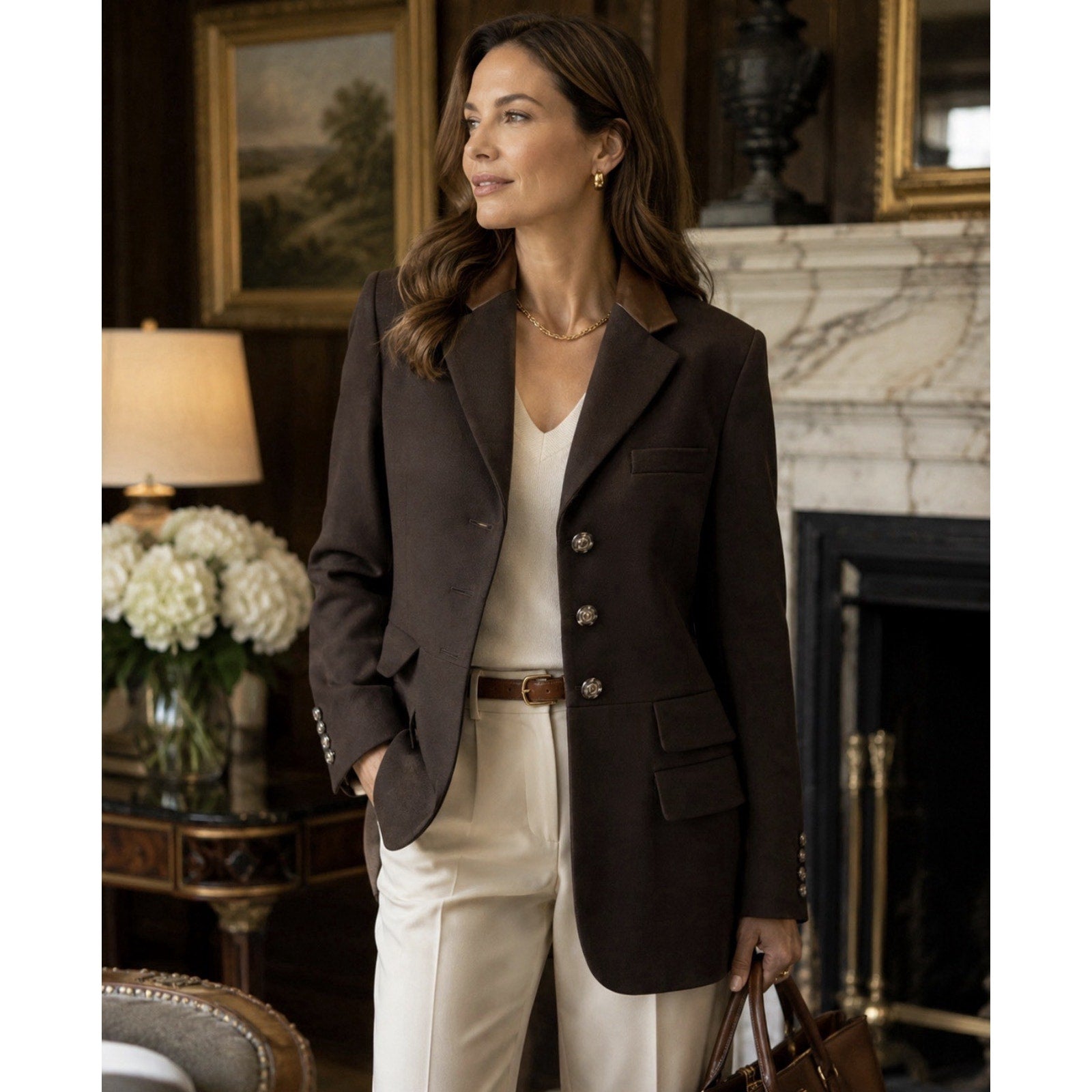 Ralph Lauren Brown Wool Blazer Jacket Women’s 8 Leather Collar Equestrian Mint