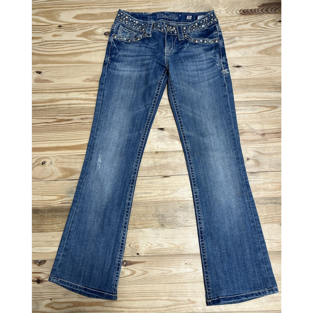 Miss Me Low Rise Bootcut women's jeans, size 26, embellished medium wash blue