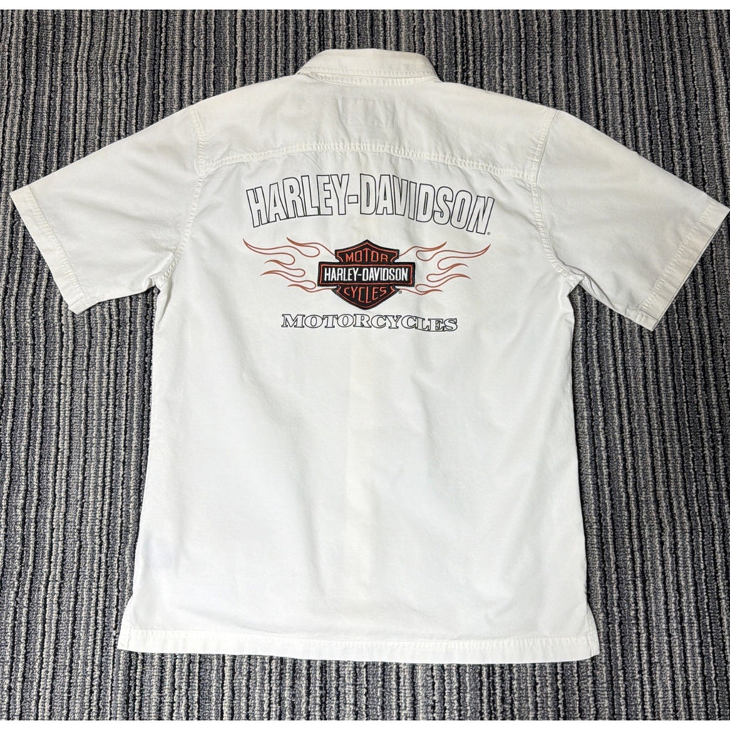 Harley Davidson M White Buttoned Embroidered Logo Flames Button Up Shirt