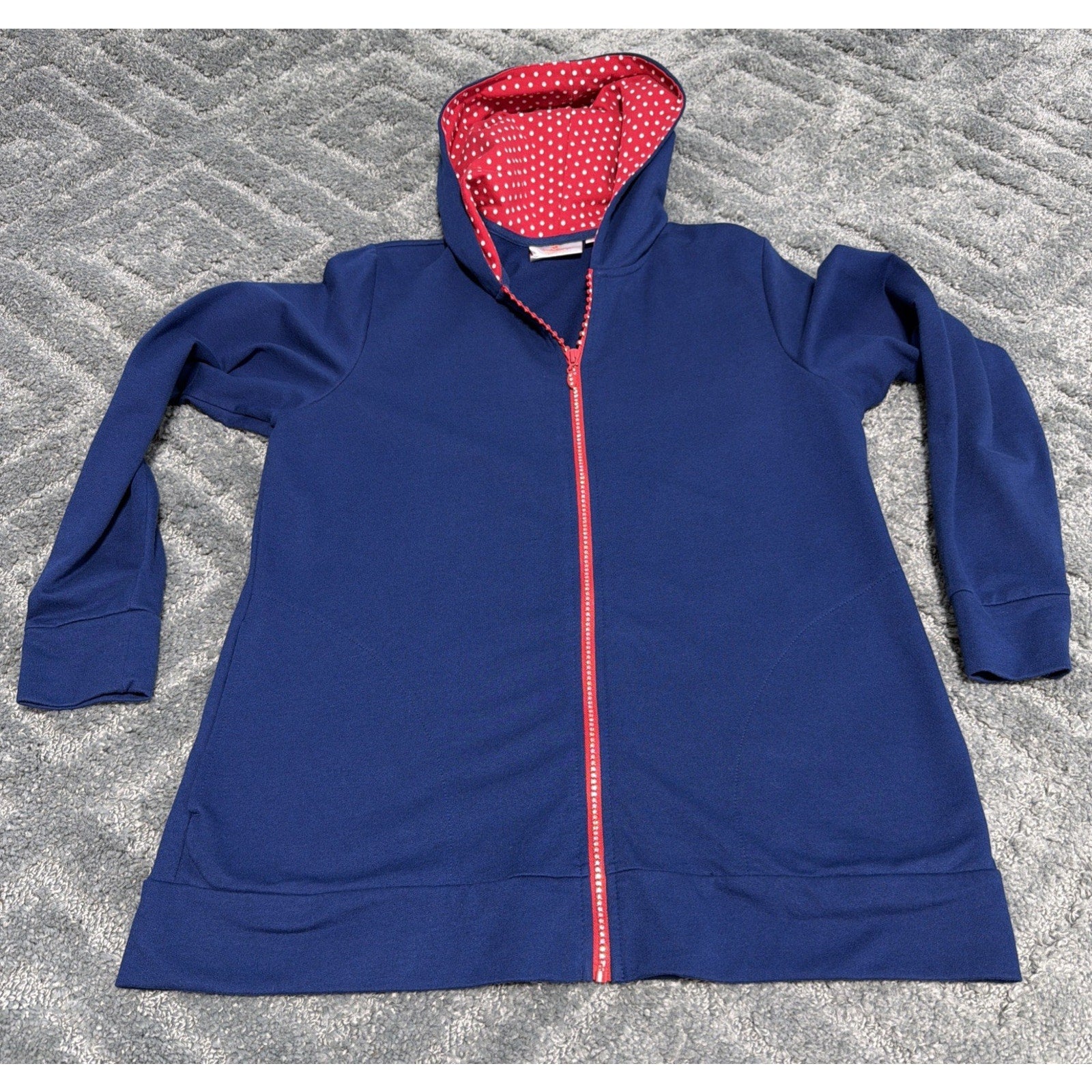 Quacker Factory Women's Polka Dot Trim Blue Hoodie Full Zip Size-M