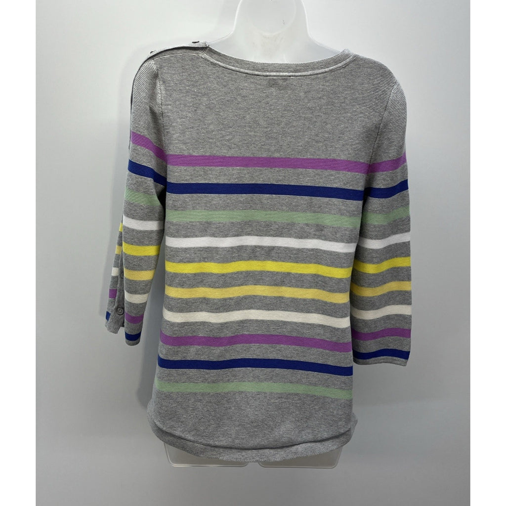 Talbots Petite Women's Gray W/Multicolor Stripes 3/4 Sleeve Buttons Sweater M
