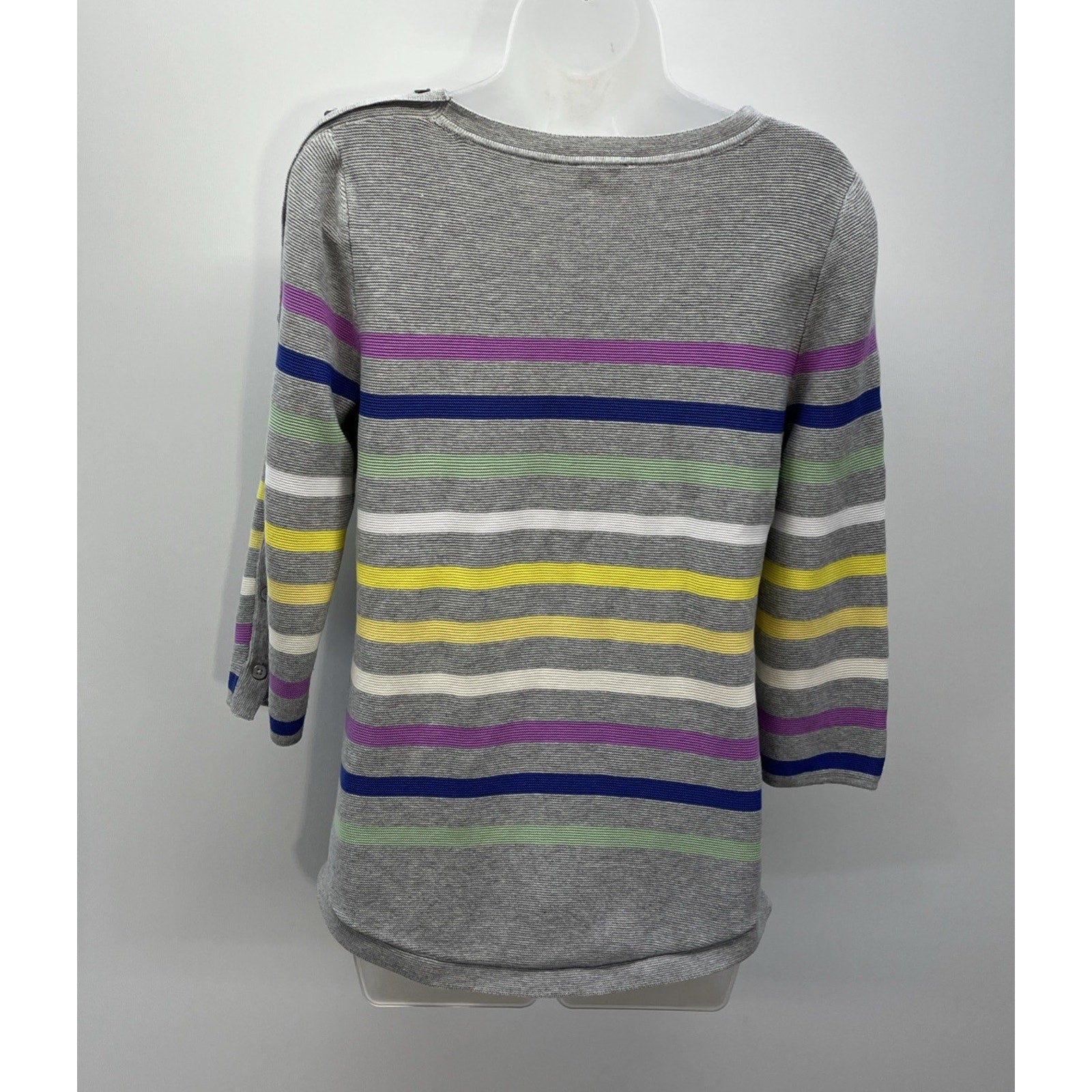 Talbots Petite Women's Gray W/Multicolor Stripes 3/4 Sleeve Buttons Sweater M