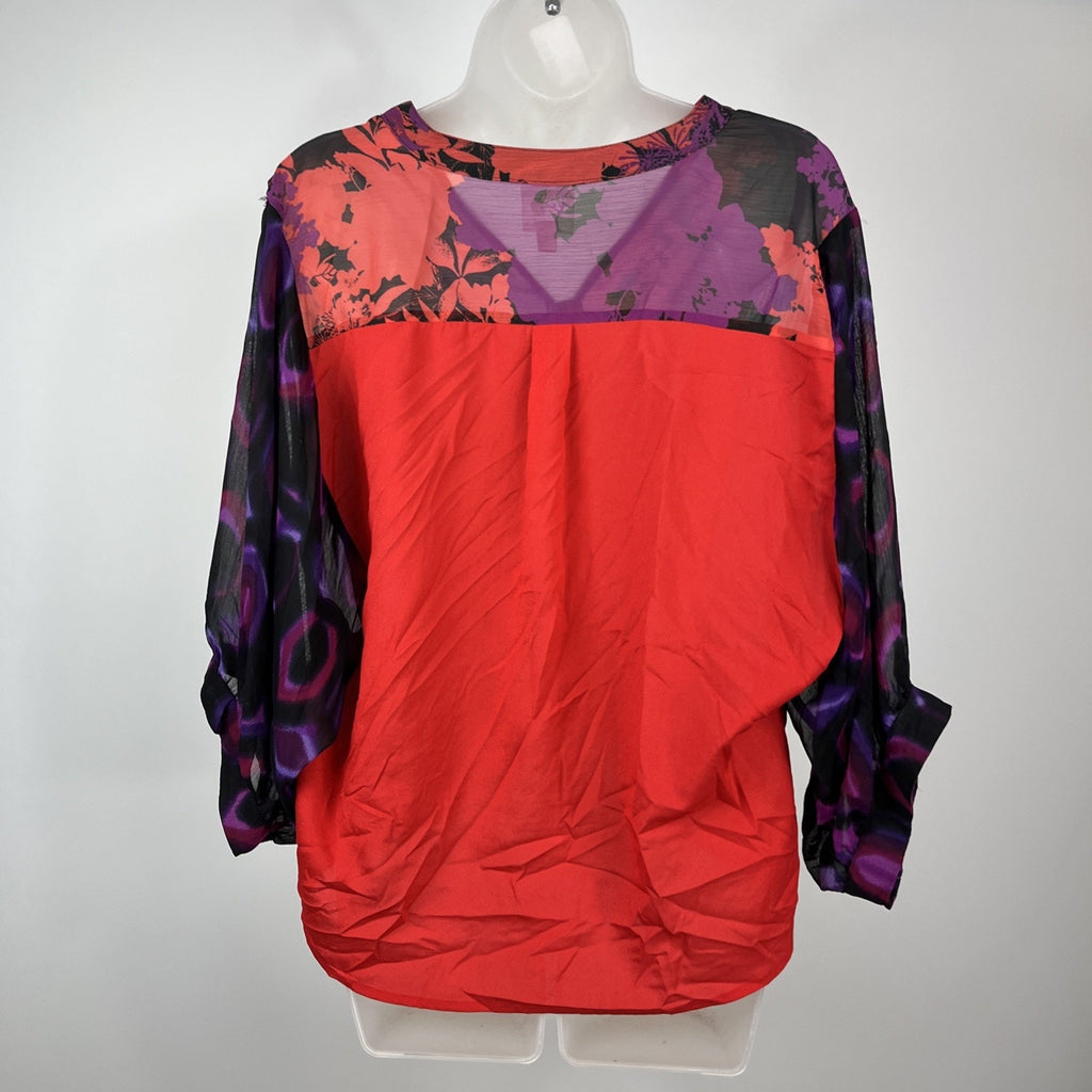 Fig & Flower Top Size M Purple Red Colorful Tie Front Sheer Popover Shirt