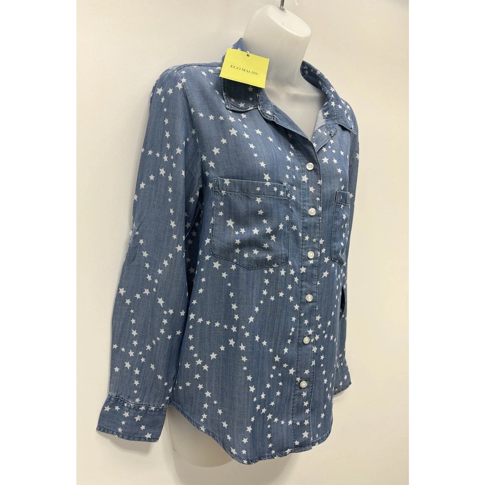 Eco Malibu Women’s Blue Star Print Long Sleeve Button Up Top Size Small