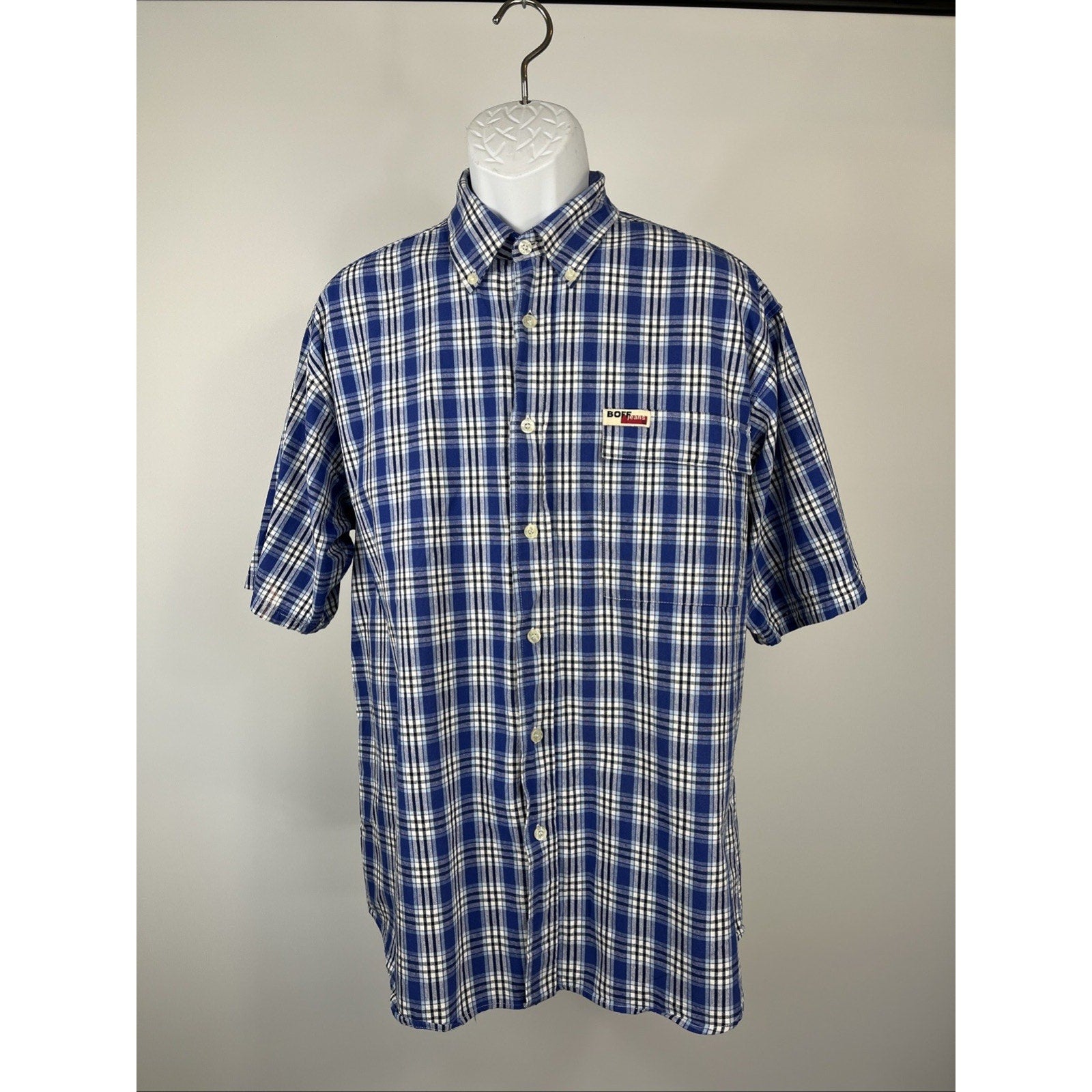 BOFF Button Down Shirts Men's Size M Casual Plaid Blue Short Sleeve Pocket EUC